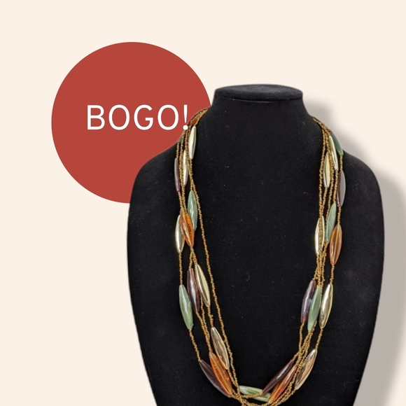 Necklace Beaded Multistrand Green Brown Gold - Picture 1 of 6